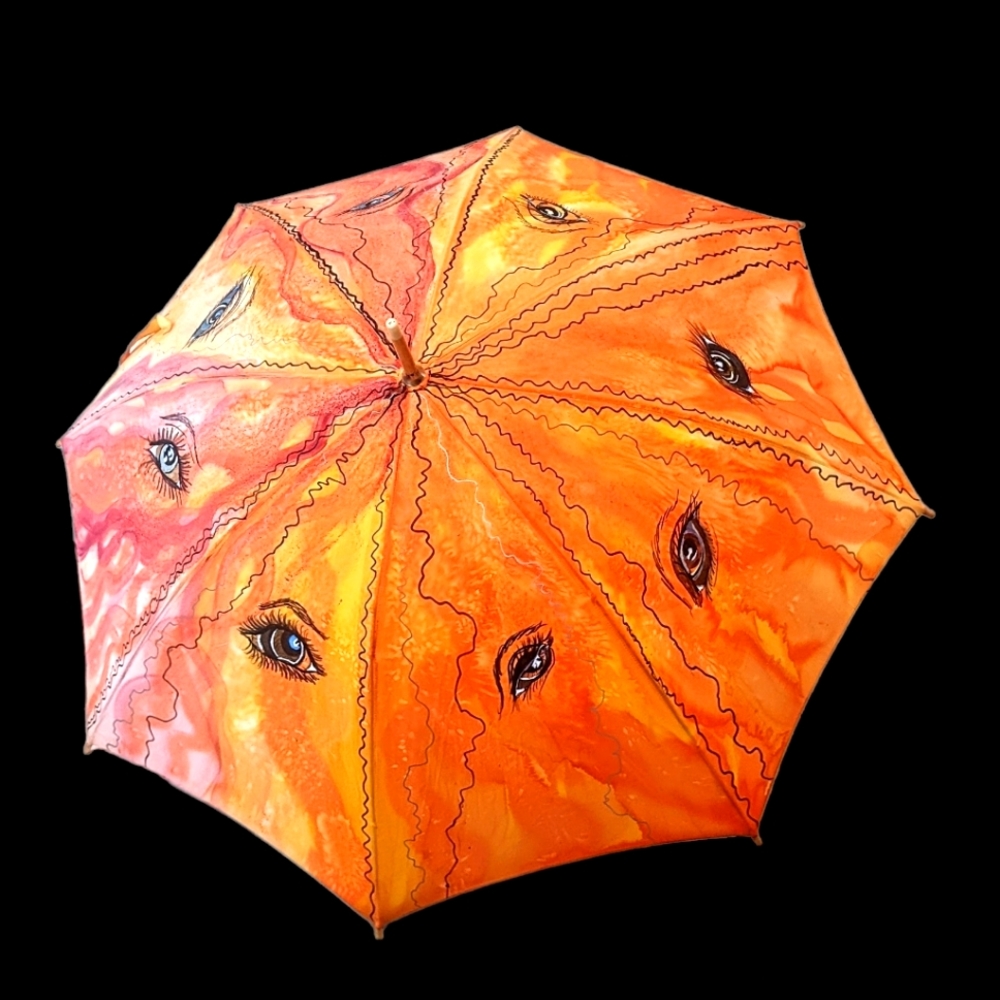 Handpainted signed Silk Parasol Handcrafted Umbrella One of a kind "EYES" Rare